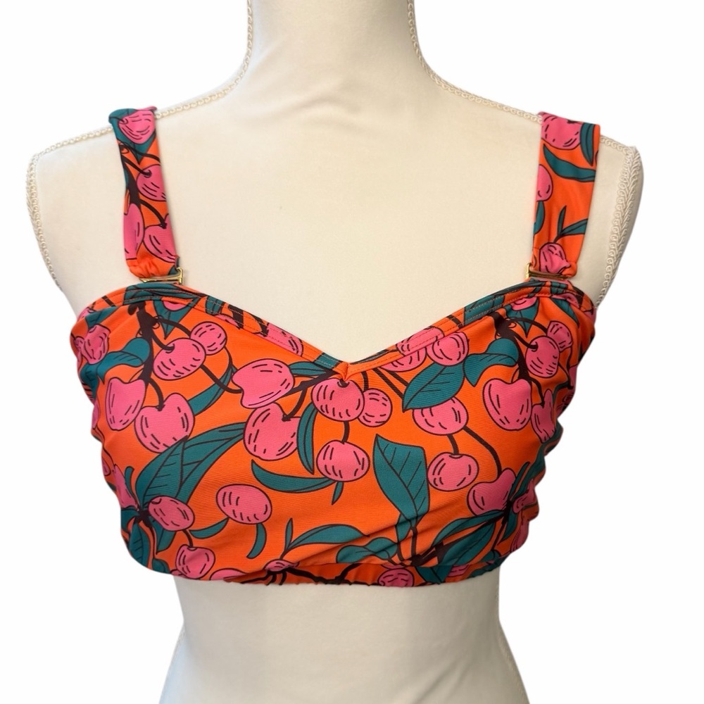 Modcloth Bikini Top Cherry Wide Adjustable Straps Modest Colorful Sz Large
